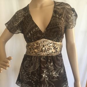 Brown Patterned Blouse with Faux Leather Wasteband